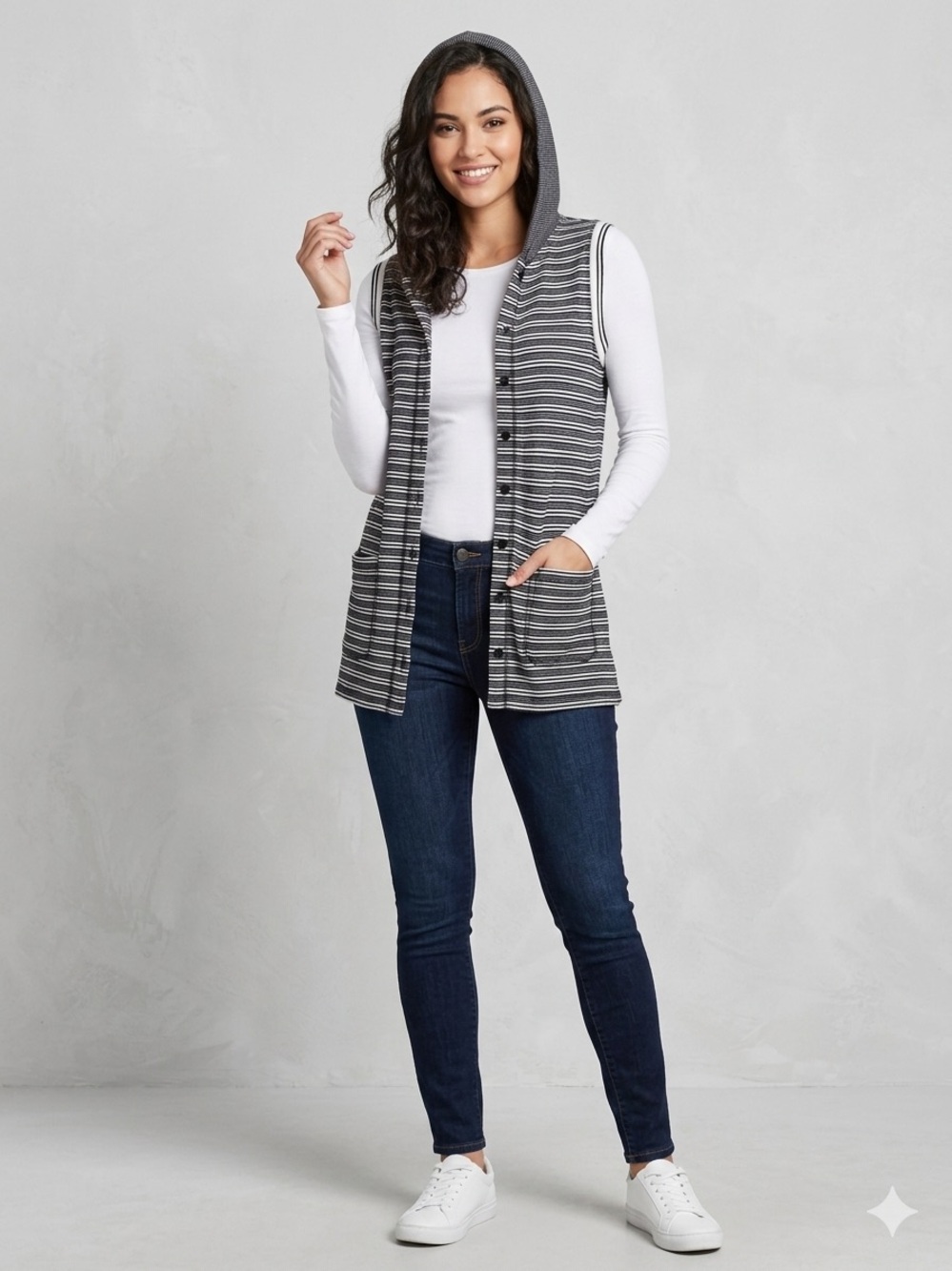 CHAUS Striped Sleeveless Hooded Button-Up Top in Black & White. Size M